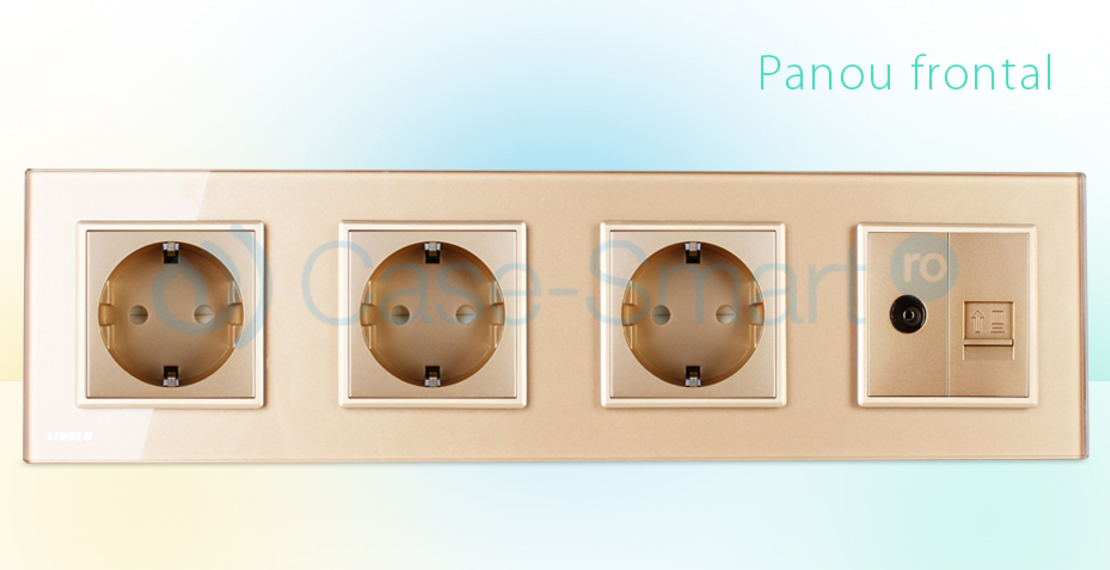 Priza cvadrupla Livolo cu rama din sticla 3 prize simple+TV/internet, auriu