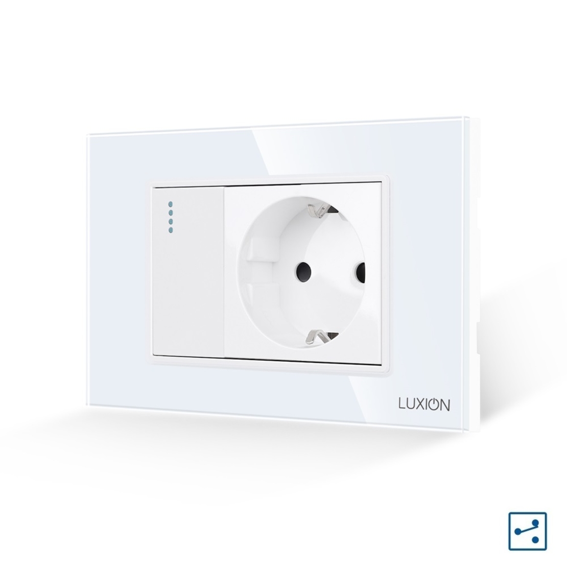 Intrerupator Simplu Cap Scara + Priza cu Rama din Sticla LUXION, Standard Italian, 3M, alb