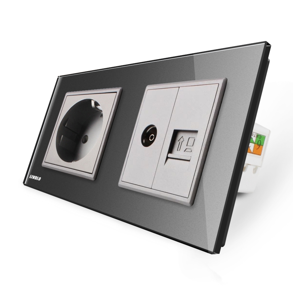 Priza dubla Livolo cu rama din sticla 1 priza Schuko+TV/internet, gri