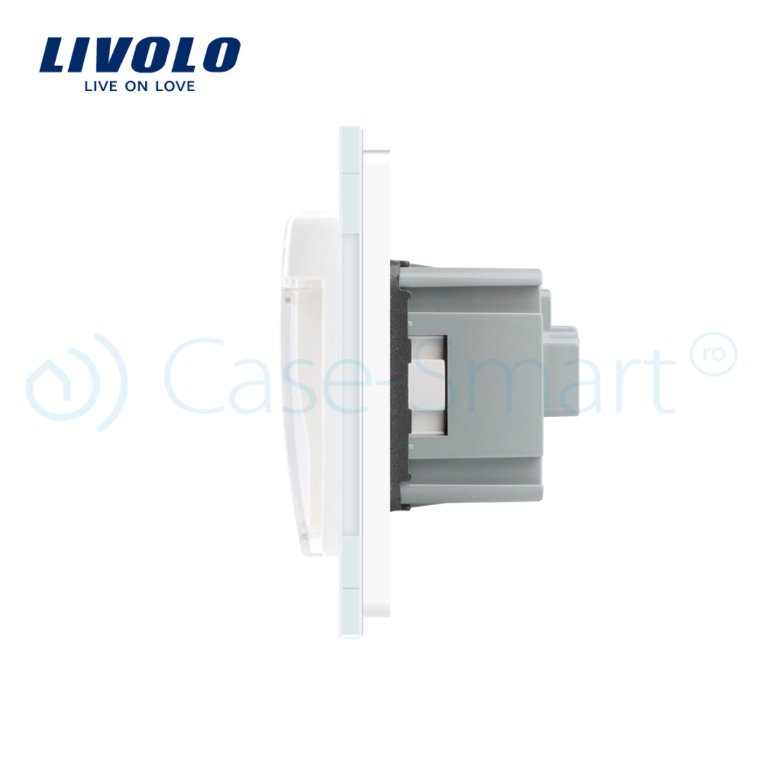 Priza dubla Livolo cu rama din sticla si capac de protectie rezistent la apa, alb