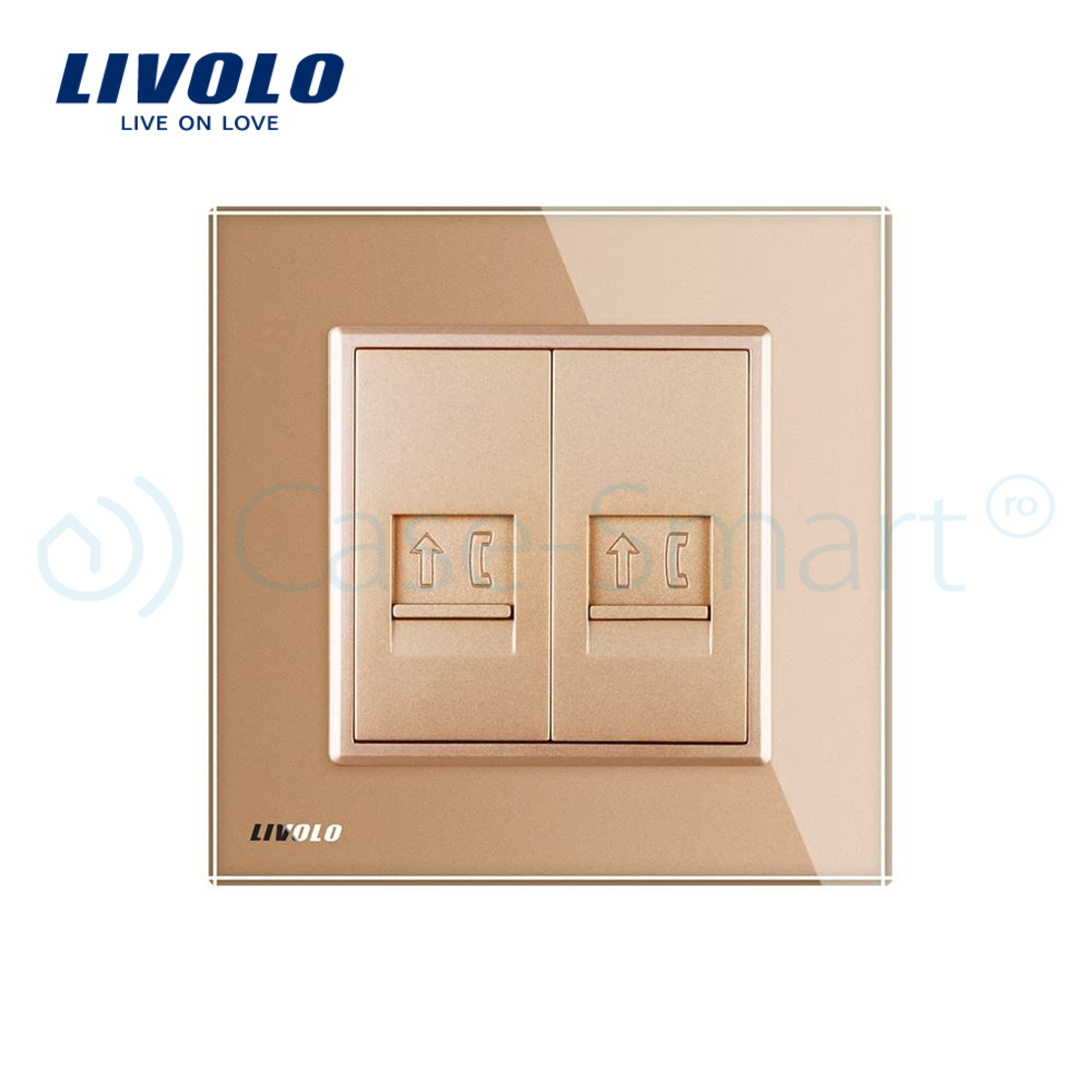 Priza dubla Telefon Livolo cu rama din sticla, auriu