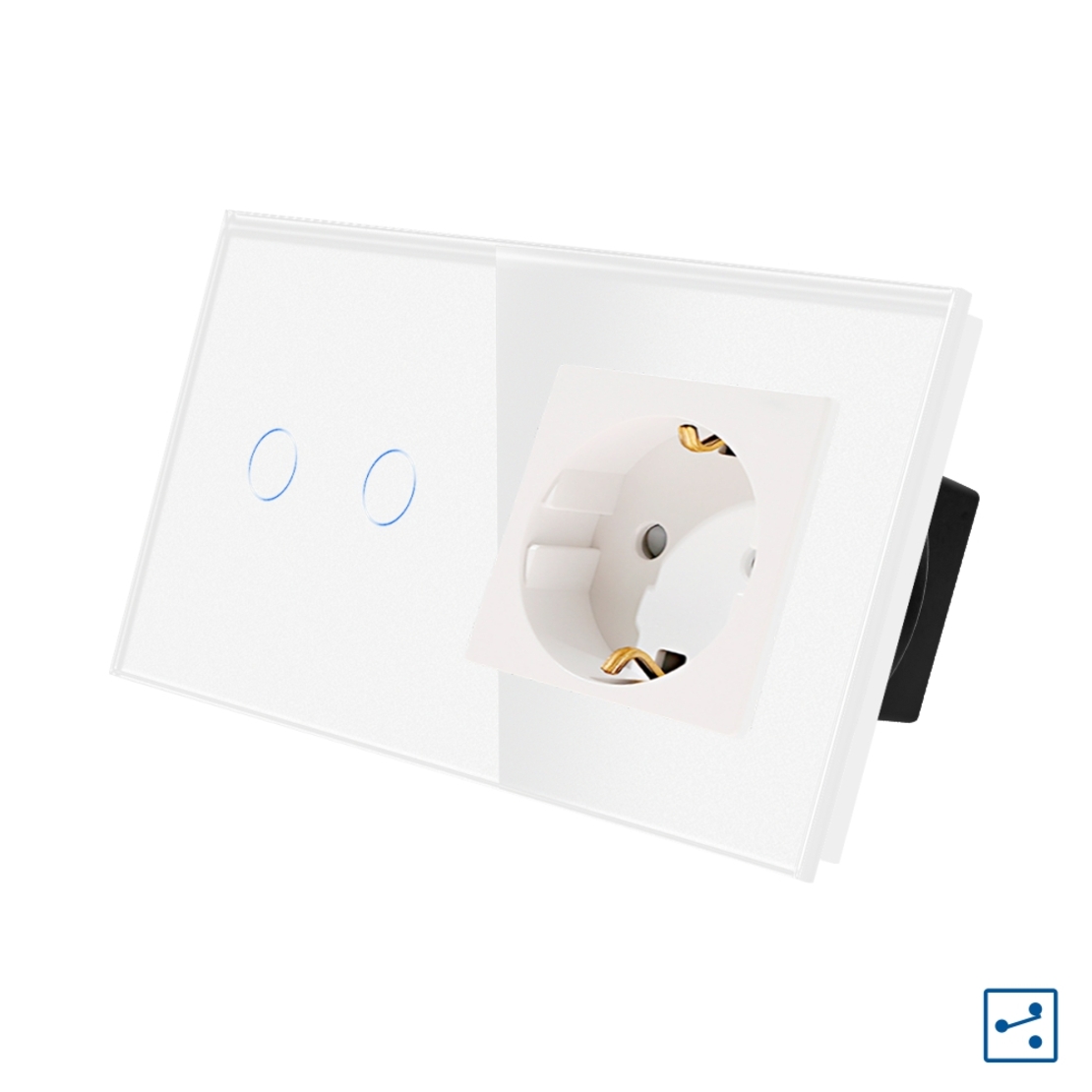 Intrerupator Dublu Cap Scara / Cruce + Priza cu Rama din Sticla LUXION, Serie A, alb