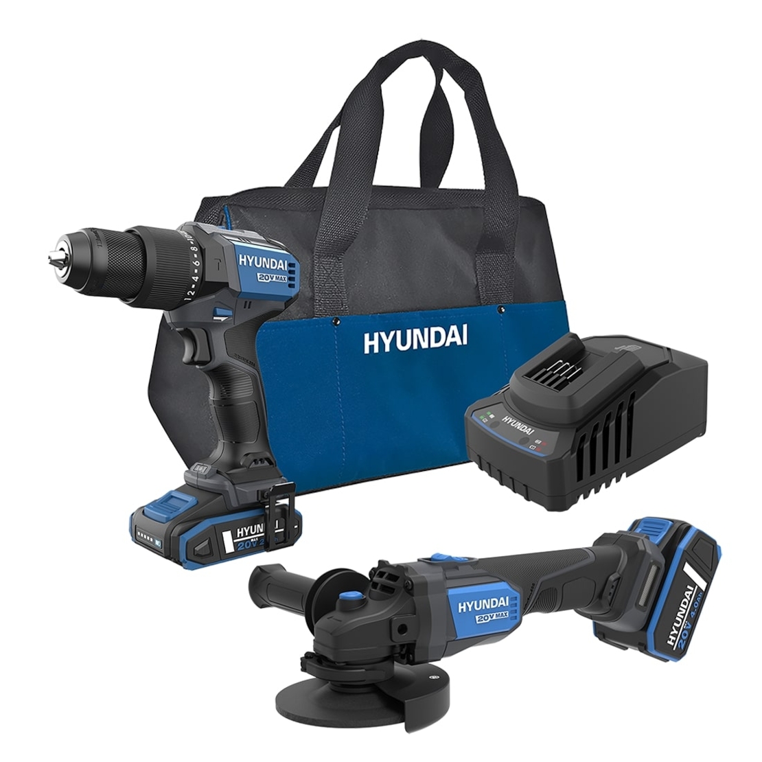 Set 2 scule cu acumulator 20V Hyundai, motor fara perii, masina de gaurit si insurubat cu percutie HD20X-60, polizor unghiular Hyundai AG20X-115, geanta transport