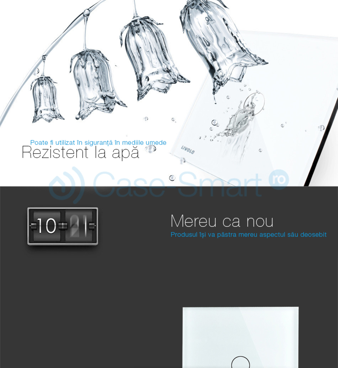 Panou intrerupator simplu+simplu+dublu cu touch LIVOLO din sticla, alb