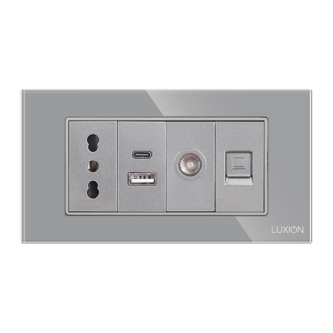 Priza Ingusta + Dubla USB + TV + Internet cu Rama Din Sticla LUXION, Standard Italian, 4M, gri
