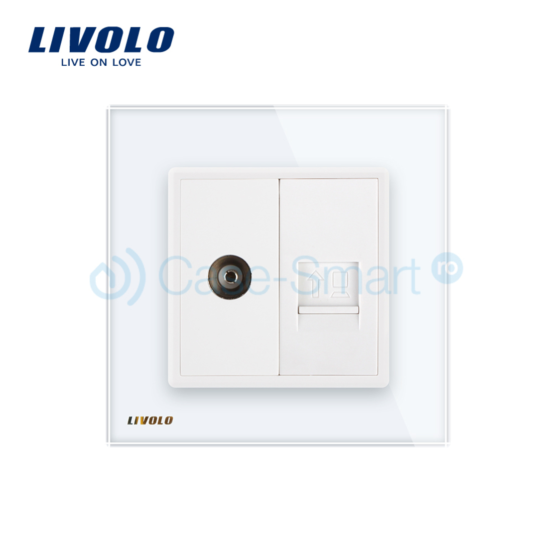 Priza dubla TV + priza internet Livolo cu rama din sticla, alb