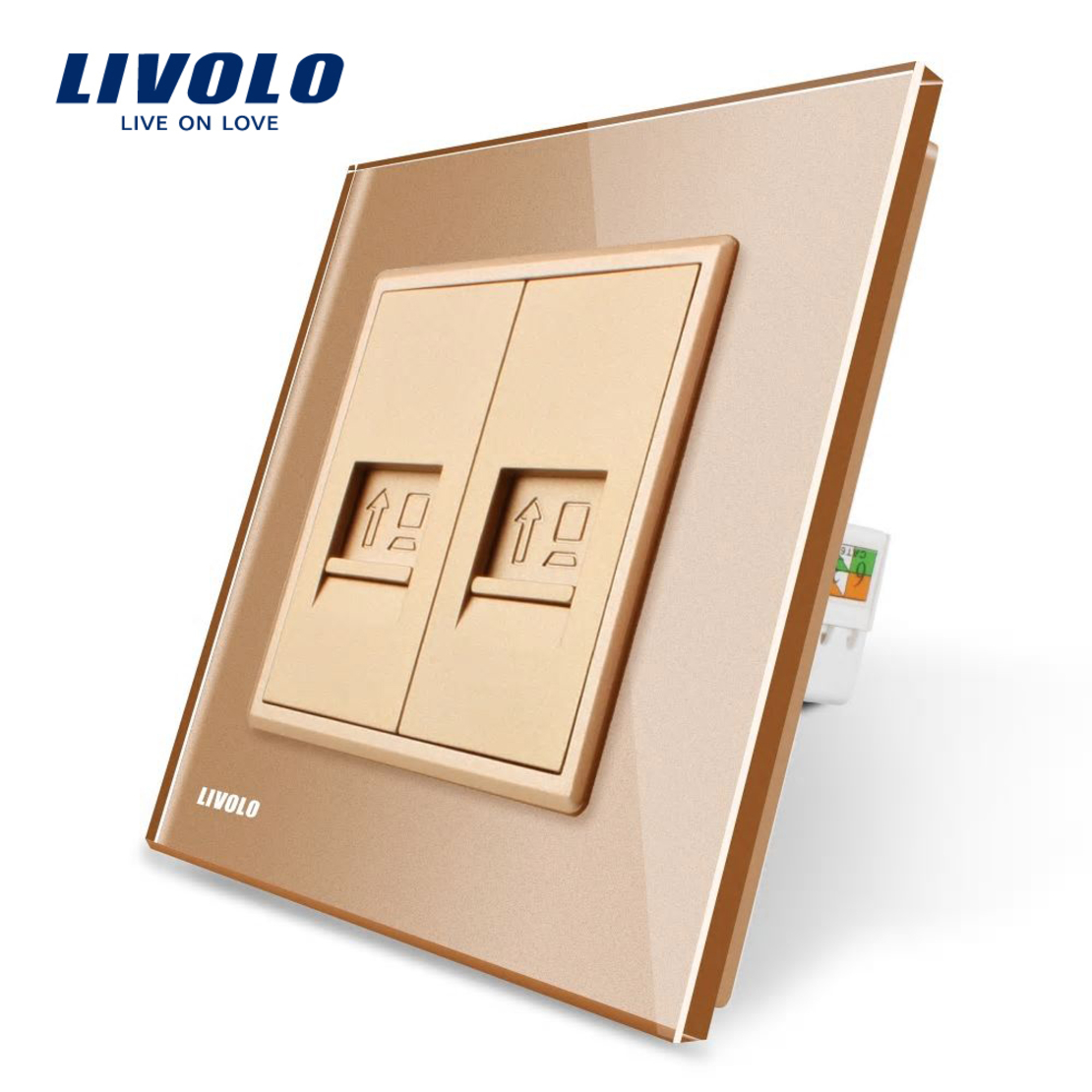 Priza dubla internet Livolo cu rama din sticla, auriu