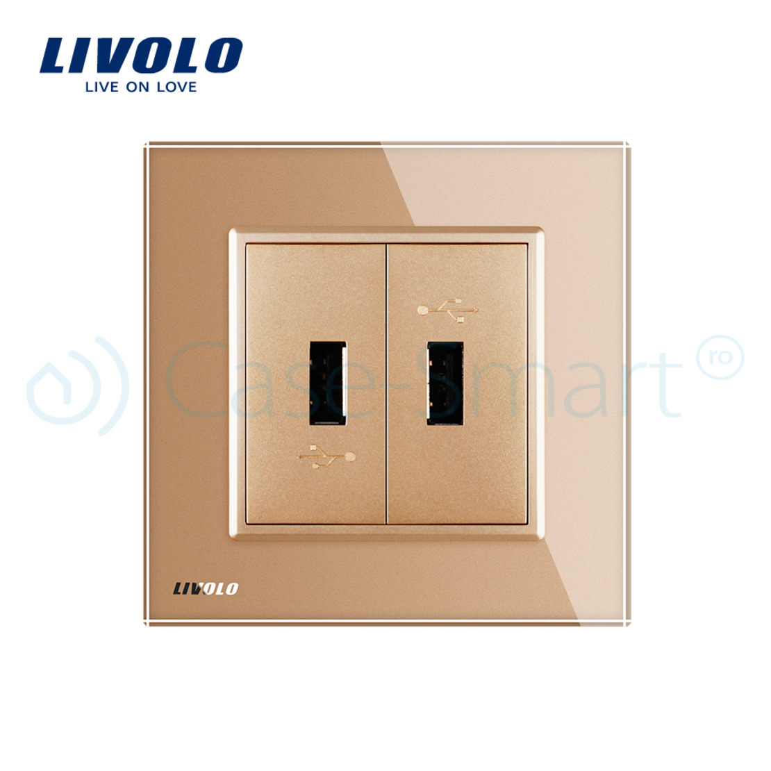 Priza dubla USB Livolo cu rama din sticla, auriu