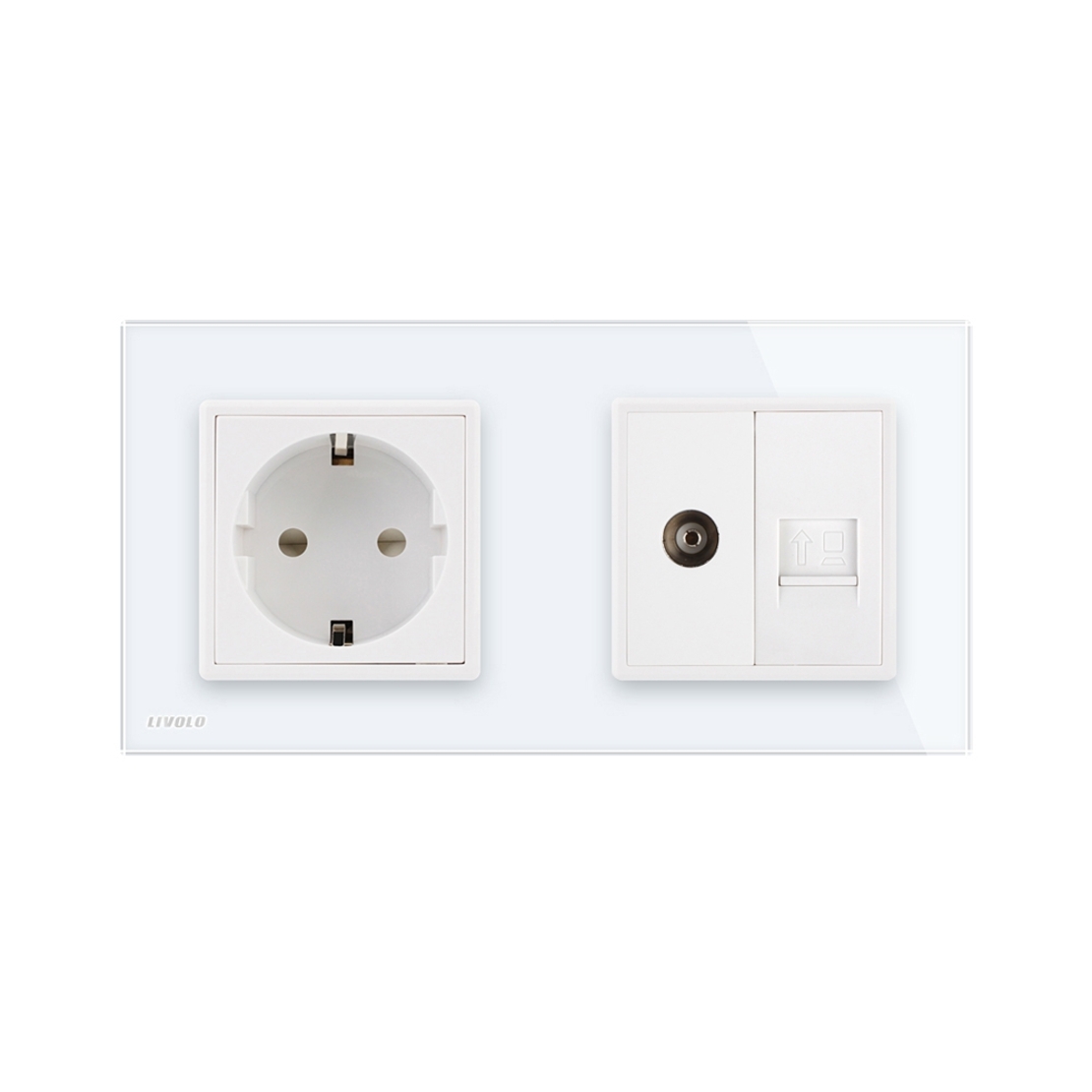 Priza dubla Livolo cu rama din sticla 1 priza Schuko+TV/internet, alb