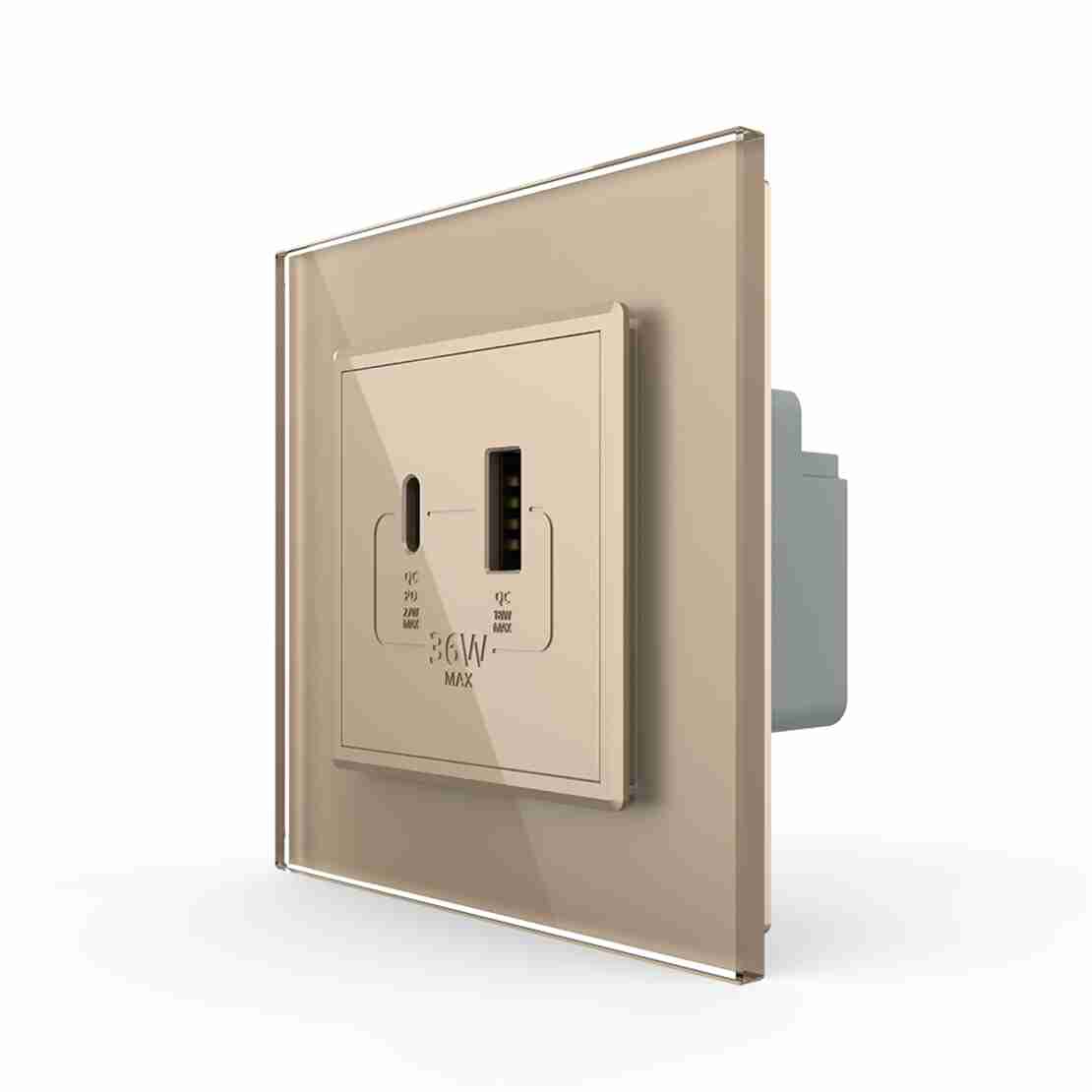 Priza USB-A + USB-C cu Rama Din Sticla LIVOLO - Serie Noua, auriu