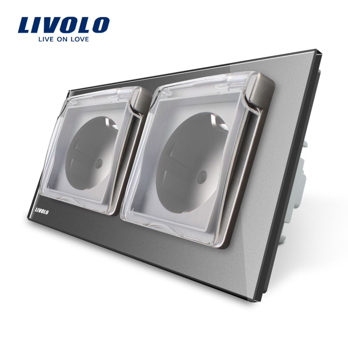 Priza dubla Livolo cu rama din sticla si capac de protectie rezistent la apa, gri