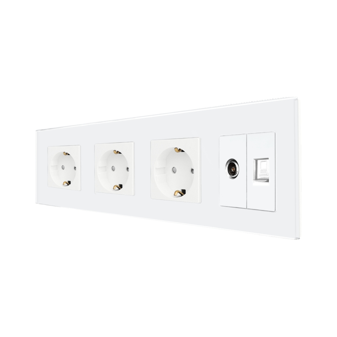 Priza Tripla Schuko + TV + Internet cu Rama Din Sticla LUXION, alb