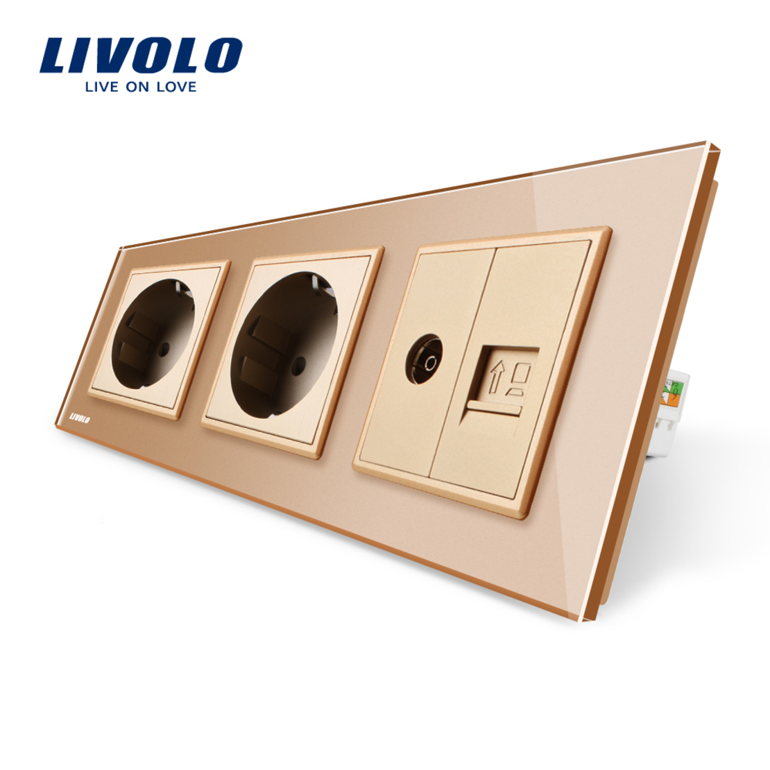 Priza tripla Livolo cu rama din sticla 2 prize simple+TV/internet, auriu