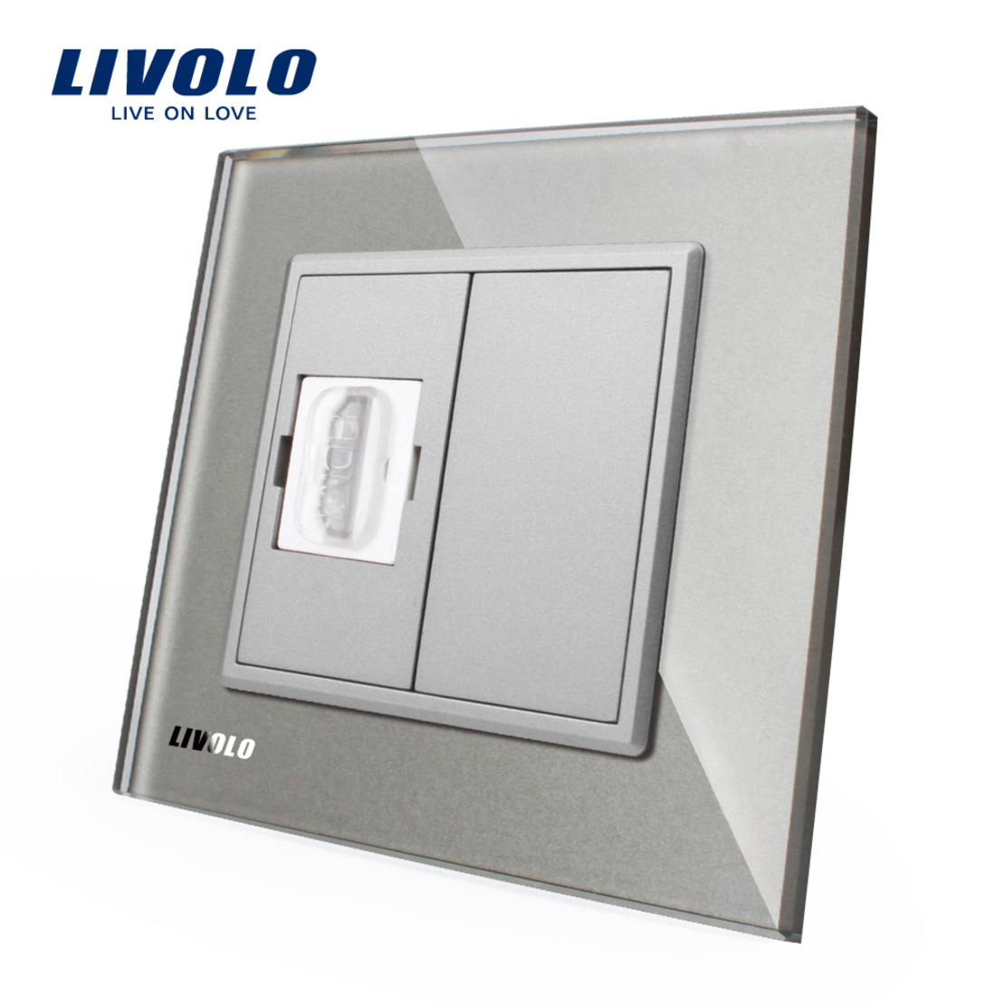 Priza simpla HDMI Livolo cu rama din sticla, gri