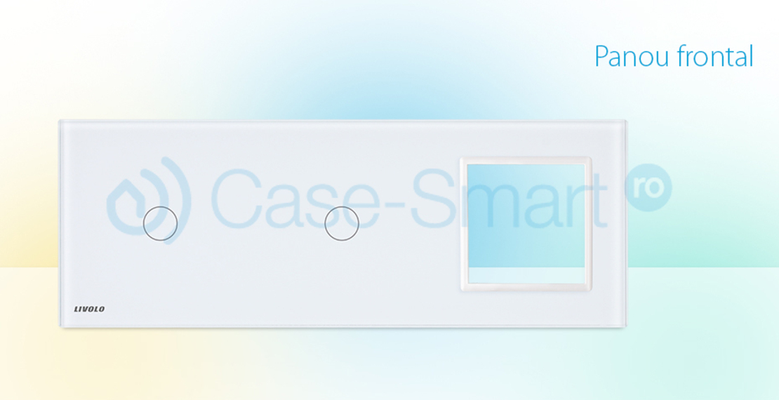 Panou 2 intrerupatoare simple cu touch si priza Livolo din sticla, alb