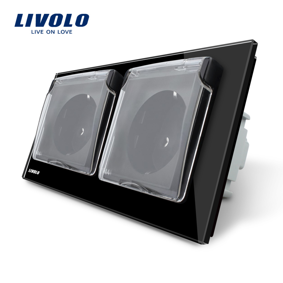 Priza dubla Livolo cu rama din sticla si capac de protectie rezistent la apa, negru