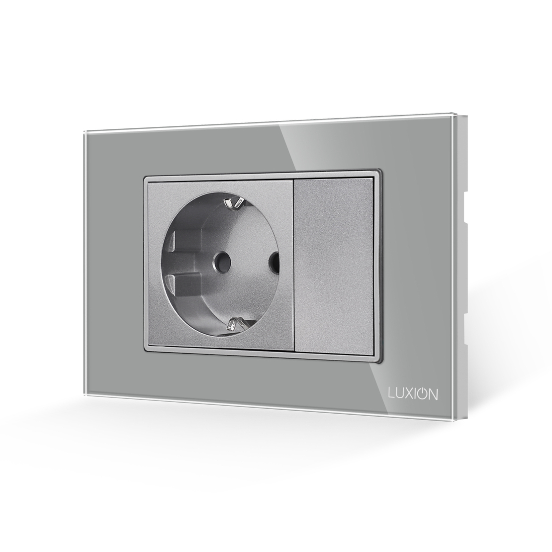 Priza Simpla si 1 Tasta Falsa cu Rama din Sticla LUXION, Standard Italian, 3M, gri