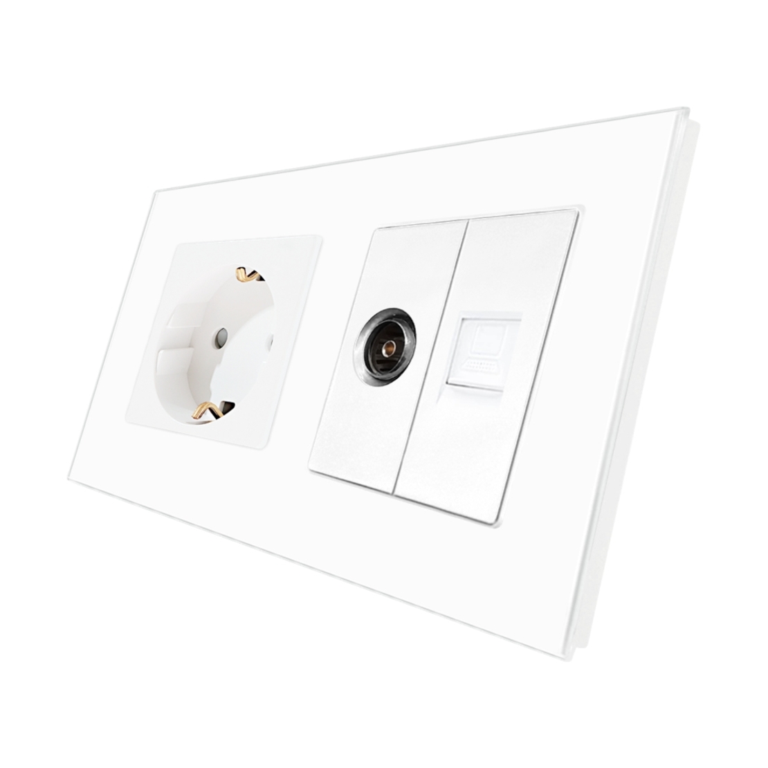Priza Schuko + TV + Internet cu Rama Din Sticla LUXION, alb