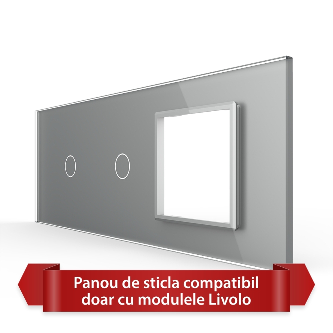 Panou Intrerupator Simplu + Simplu cu Priza LIVOLO din Sticla, Standard Italian - 6/7M, gri