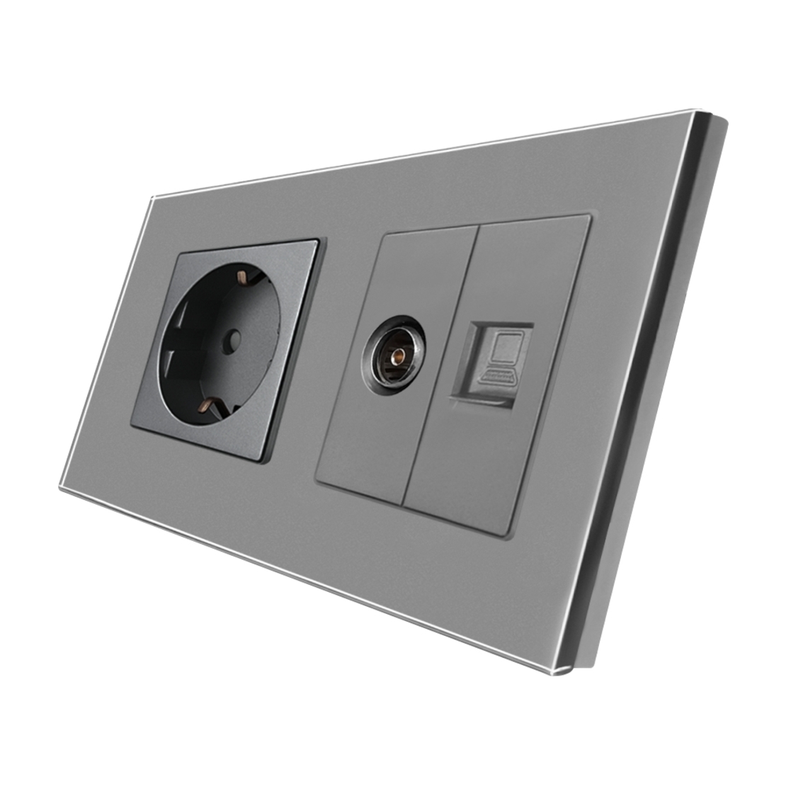 Priza Schuko + TV + Internet cu Rama Din Sticla LUXION, gri