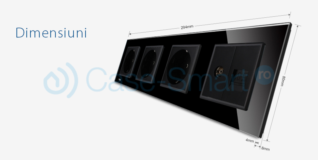 Priza cvadrupla Livolo cu rama din sticla 3 prize simple+TV/internet, negru