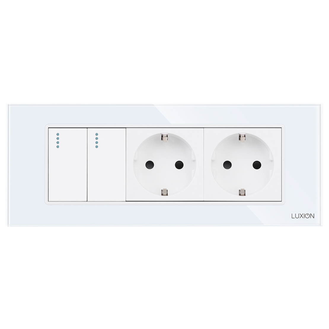 Intrerupator Dublu + 2 Prize cu Rama din Sticla LUXION, Standard Italian, 6M, alb