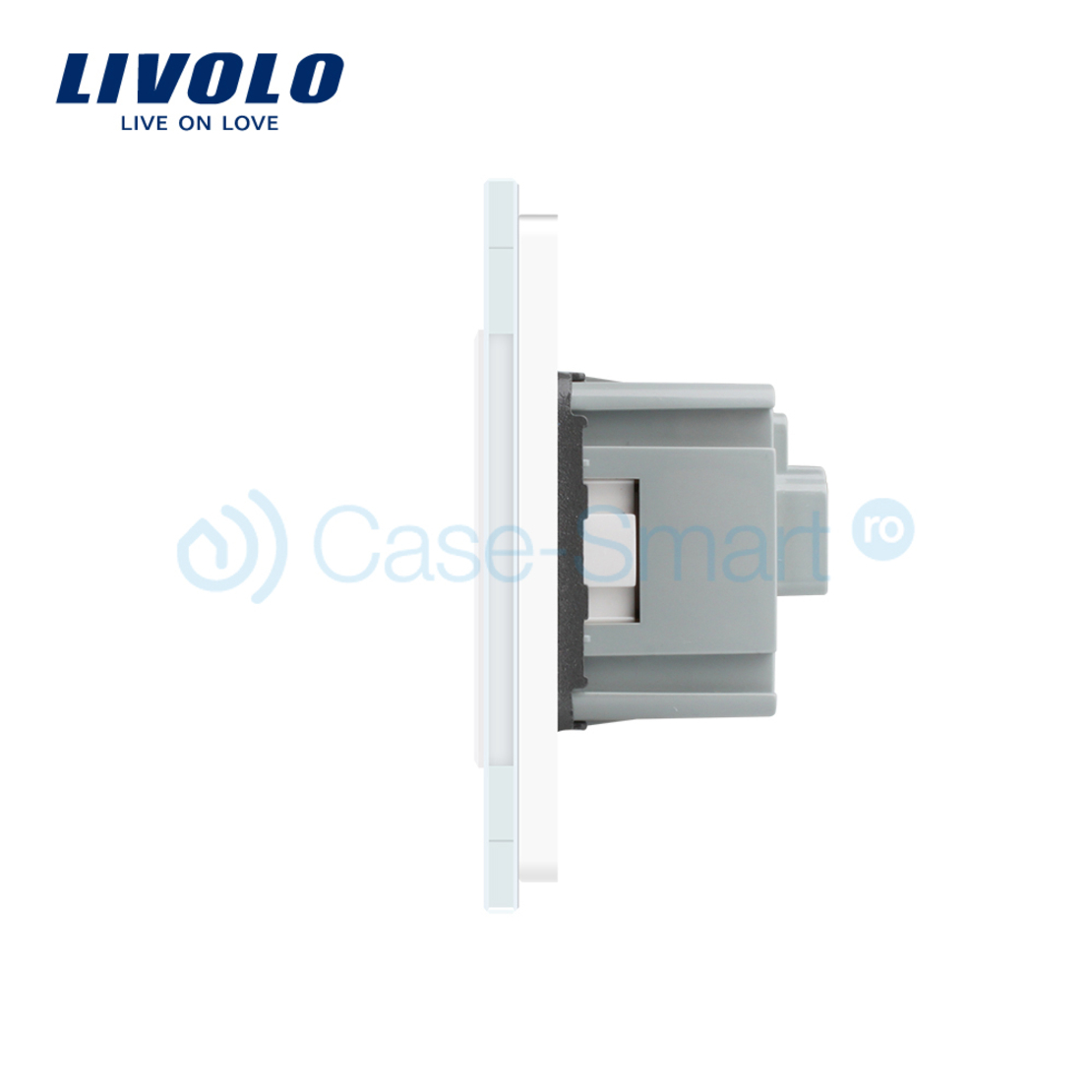 Intrerupator LIVOLO simplu cap scara / cap cruce cu touch si 2 prize din sticla, alb