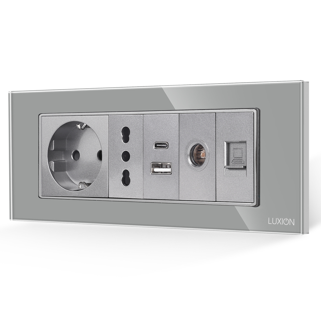 Priza Schuko + Ingusta + Dubla USB + TV + Internet cu Rama Din Sticla LUXION, Standard Italian, 6M, gri