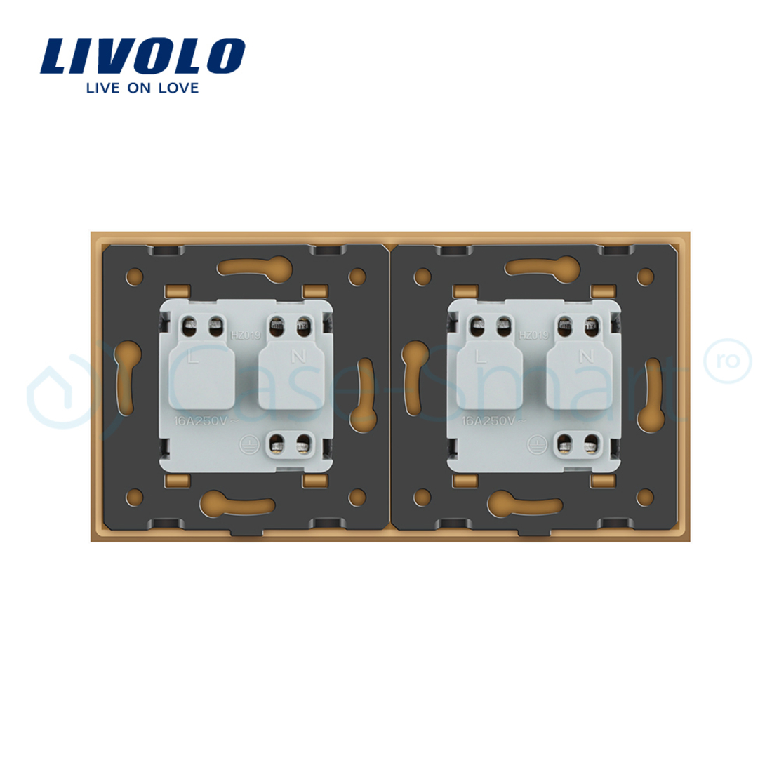 Priza dubla Livolo cu rama din sticla si capac de protectie rezistent la apa, auriu