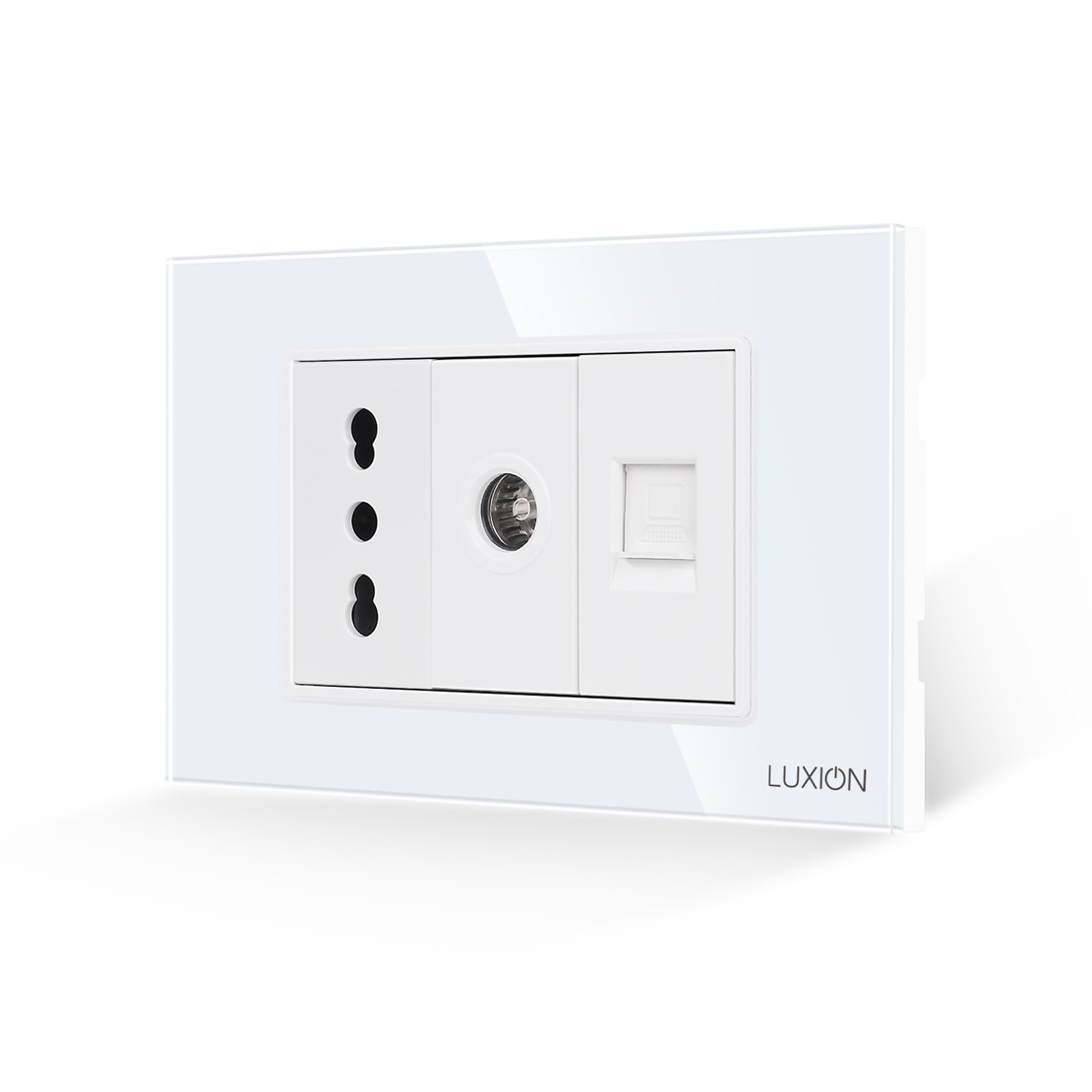 Priza Ingusta + TV + Internet cu Rama din Sticla LUXION, Standard Italian, 3M, alb