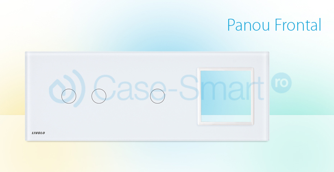 Panou intrerupator dublu+simplu+ priza Livolo din sticla, alb