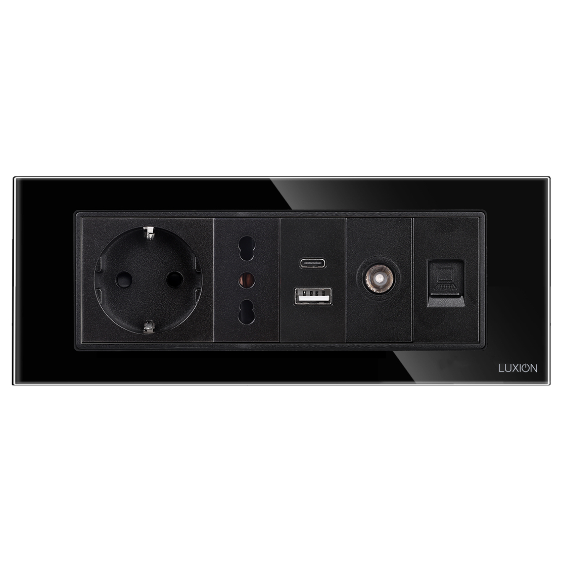 Priza Schuko + Ingusta + Dubla USB + TV + Internet cu Rama Din Sticla LUXION, Standard Italian, 6M, negru