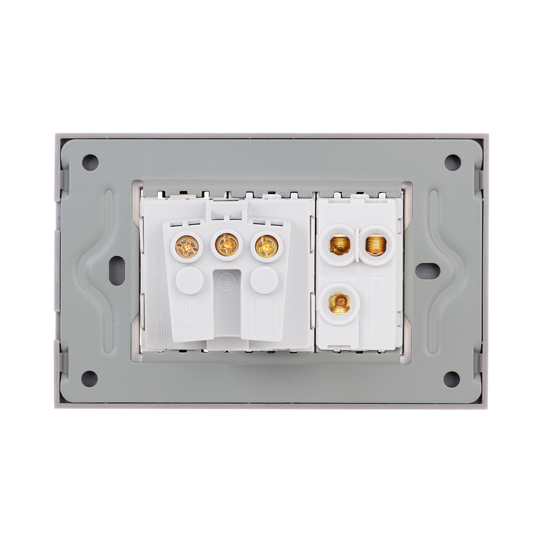 Intrerupator Simplu Cap Scara + Priza cu Rama din Sticla LUXION, Standard Italian, 3M, gri