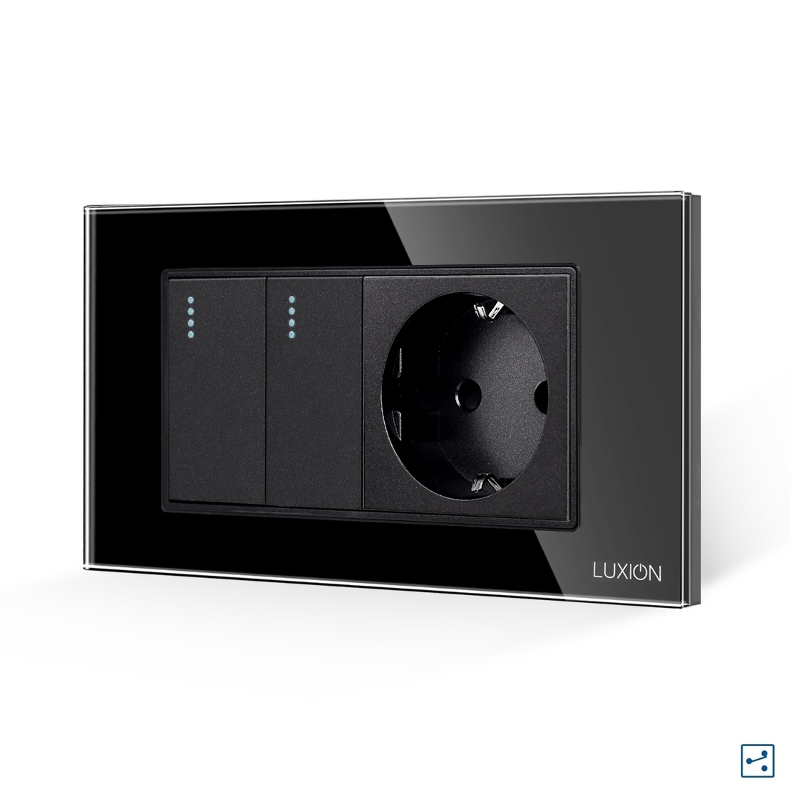 Intrerupator Dublu Cap Scara + Priza cu Rama din Sticla LUXION, Standard Italian, 4M, negru