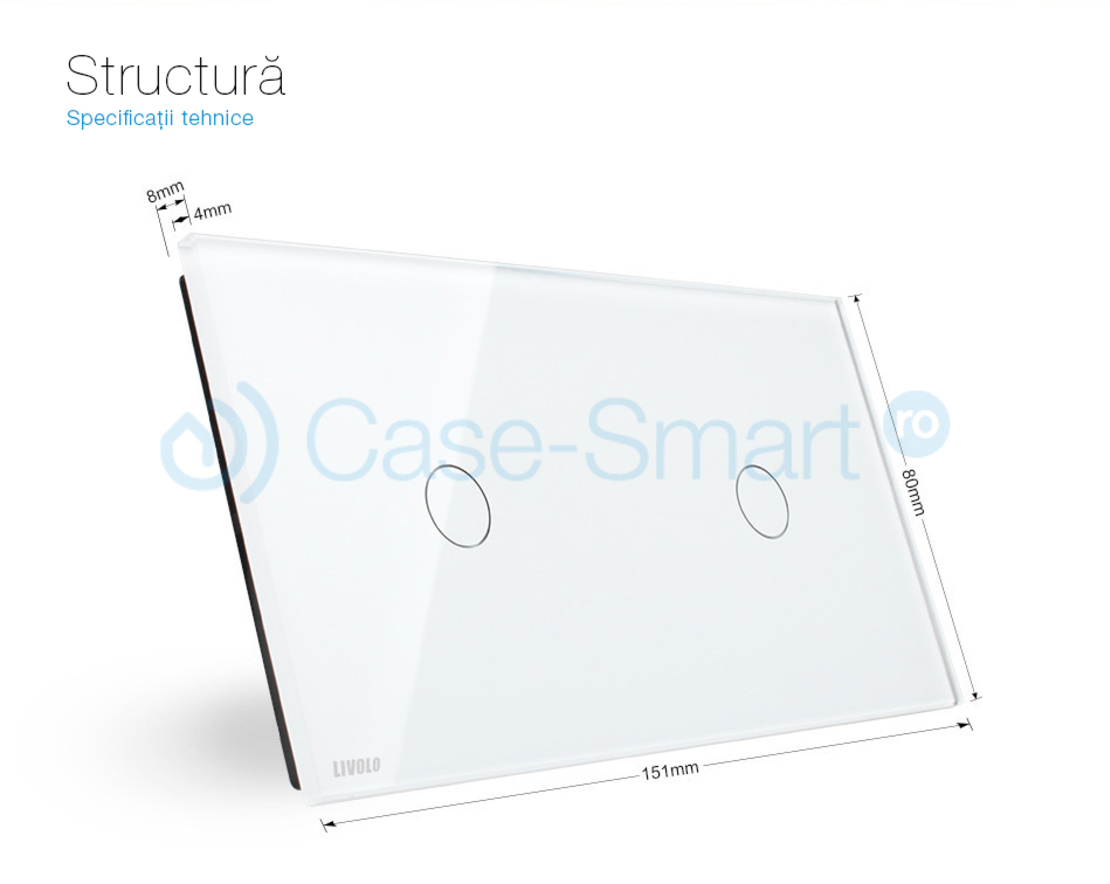 Panou intrerupator simplu+simplu cu touch Livolo din sticla, alb