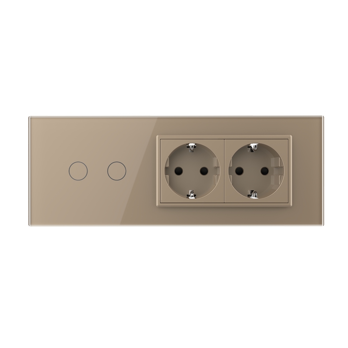 Intrerupator Dublu Cap Scara / Cruce + 2 Prize LIVOLO cu Rama Din Sticla, Standard Italian, 6M, auriu