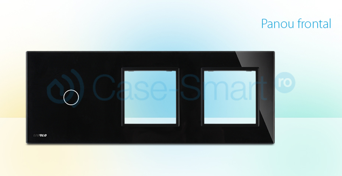 Panou intrerupator simplu cu touch si 2 prize Livolo din sticla, negru