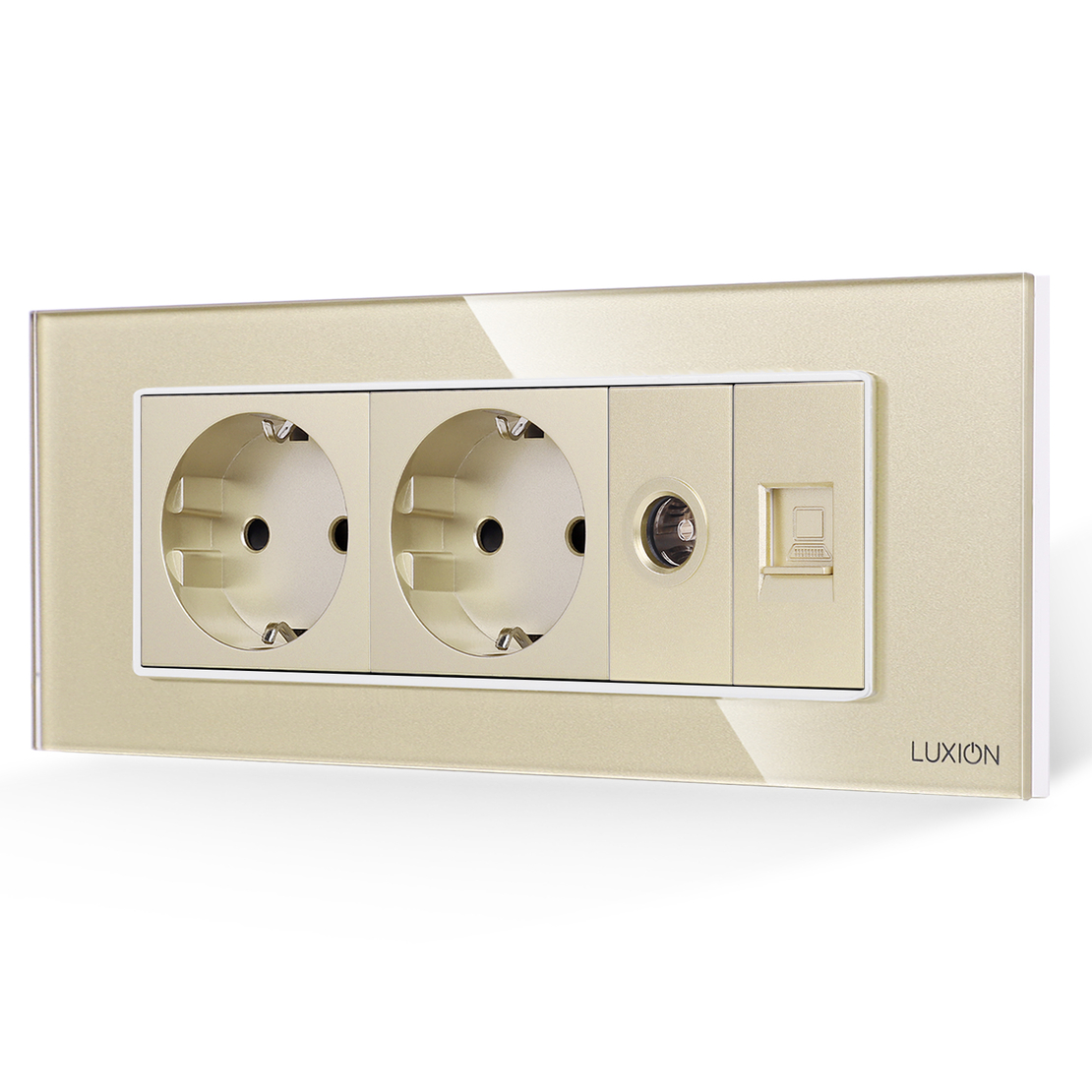 Priza Dubla Schuko + TV + Internet cu Rama din Sticla LUXION, Standard Italian, 6M, auriu