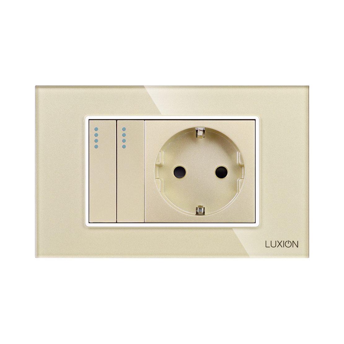 Intrerupator Dublu Cap Scara + Priza cu Rama din Sticla LUXION, Standard Italian, 3M, auriu