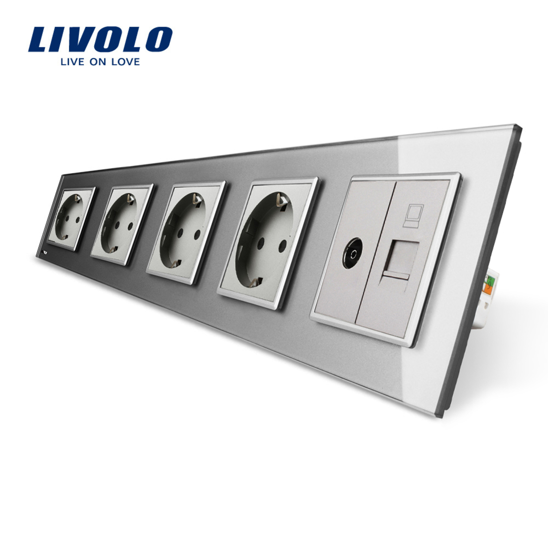 Priza cvintupla + priza TV Internet Livolo cu rama din sticla, gri