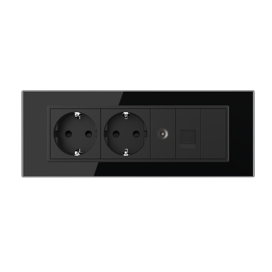 Priza Tripla cu Blank Livolo cu Rama din Sticla 2 Prize Schuko+TV/internet, Standard Italian - Serie Noua, negru