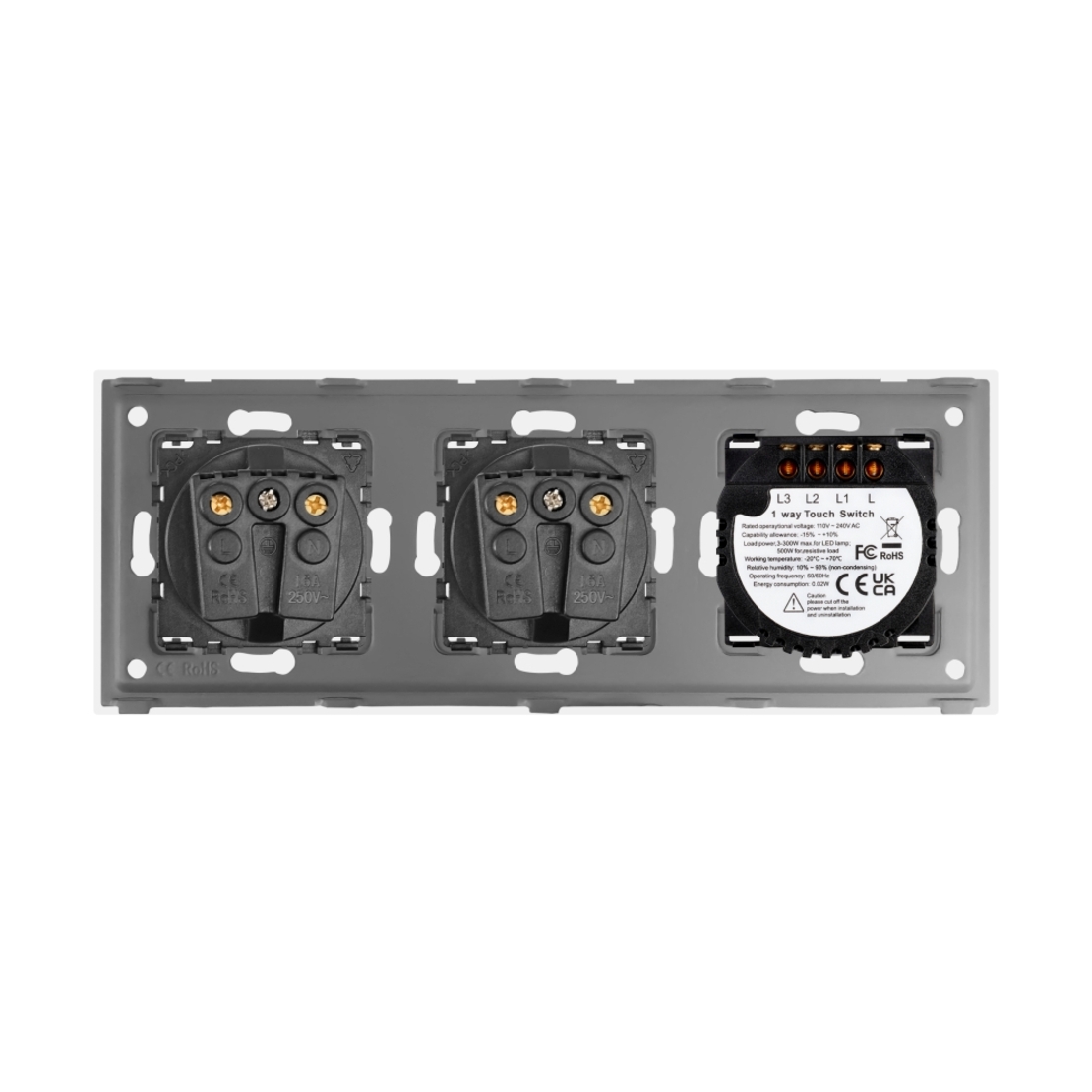 Intrerupator Triplu + 2 Prize cu Rama din Sticla LUXION, alb