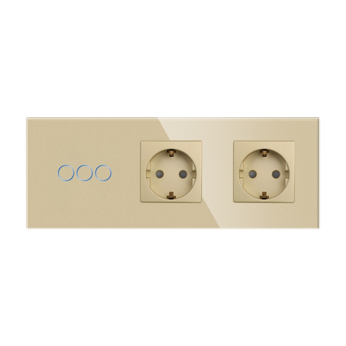 Intrerupator Triplu + 2 Prize cu Rama din Sticla LUXION, auriu