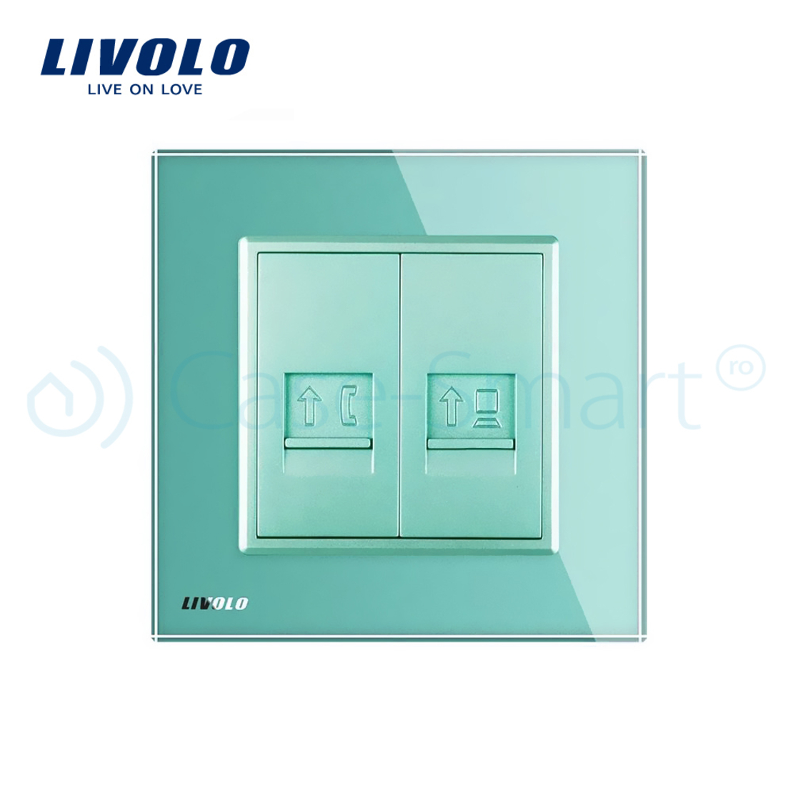 Priza dubla Telefon + Priza internet Livolo cu rama din sticla, verde