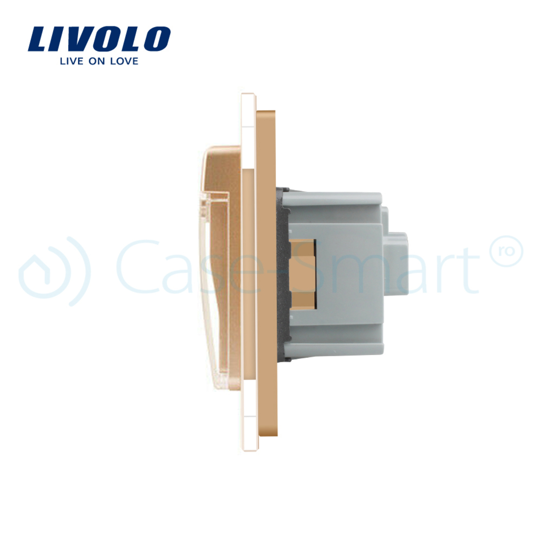 Priza dubla Livolo cu rama din sticla si capac de protectie rezistent la apa, auriu