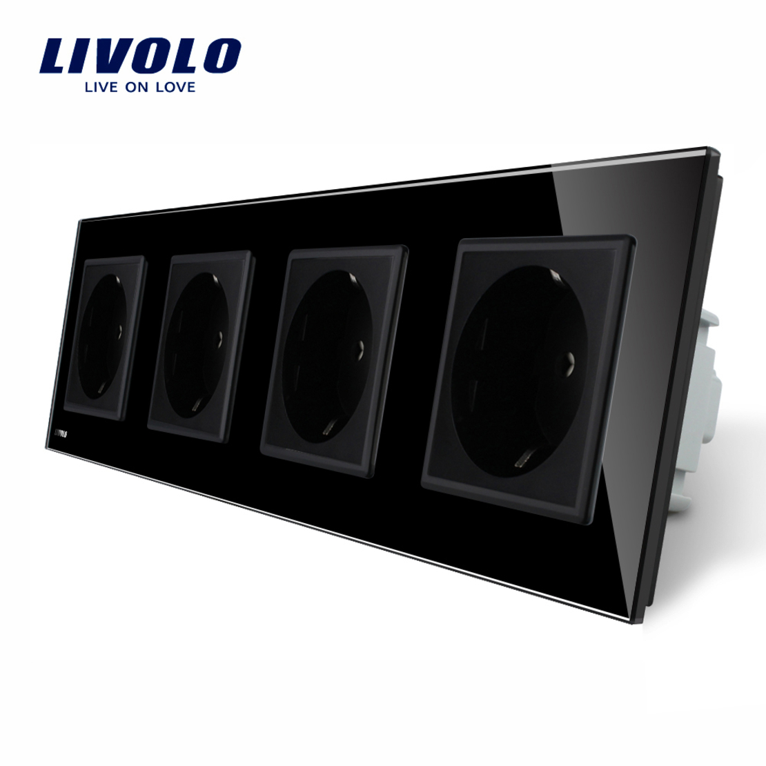 Priza cvadrupla Livolo cu rama din sticla, negru