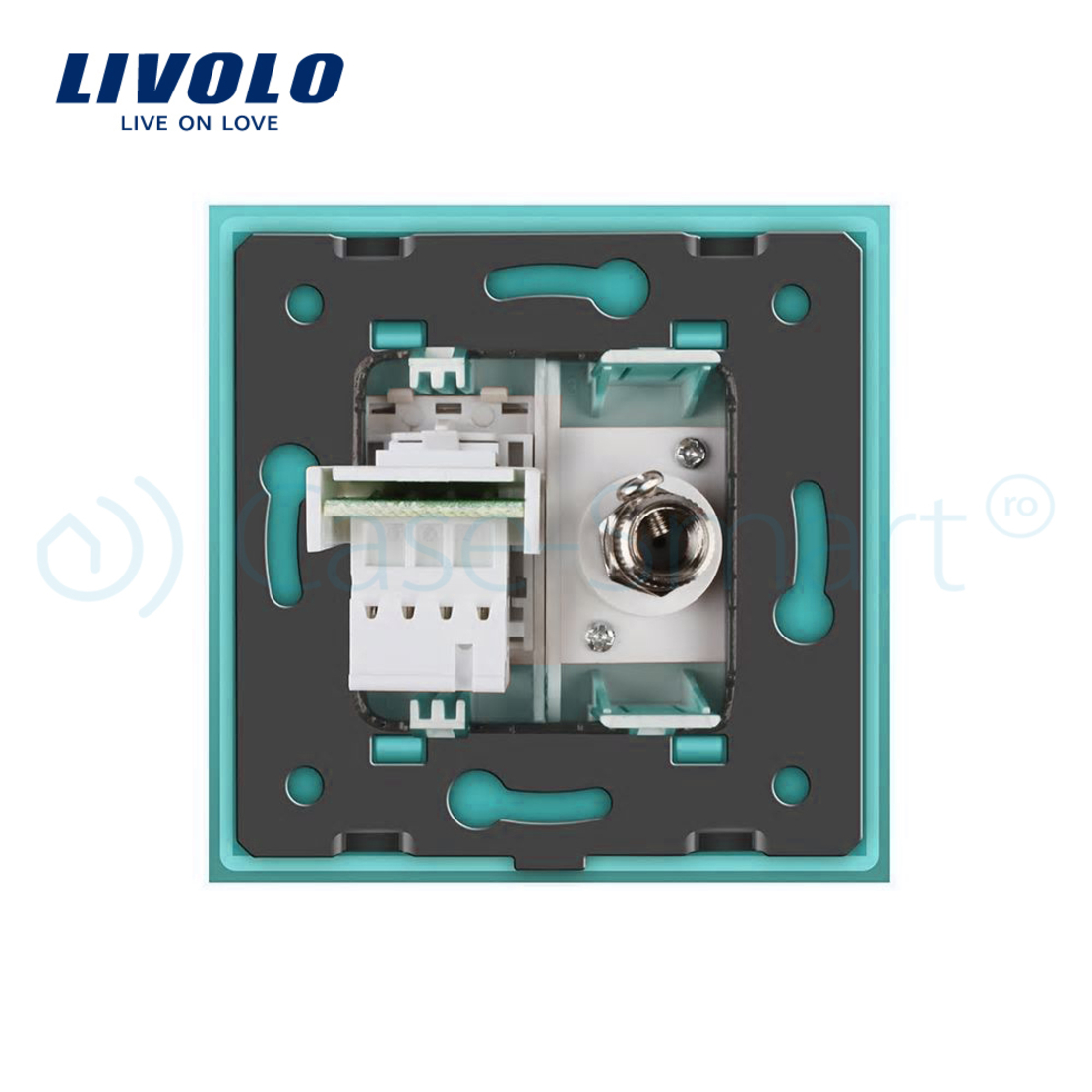 Priza dubla TV + Telefon Livolo cu rama din sticla, verde