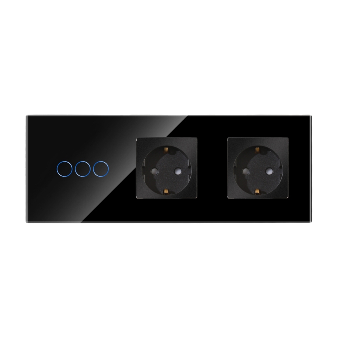 Intrerupator Triplu + 2 Prize cu Rama din Sticla LUXION, negru