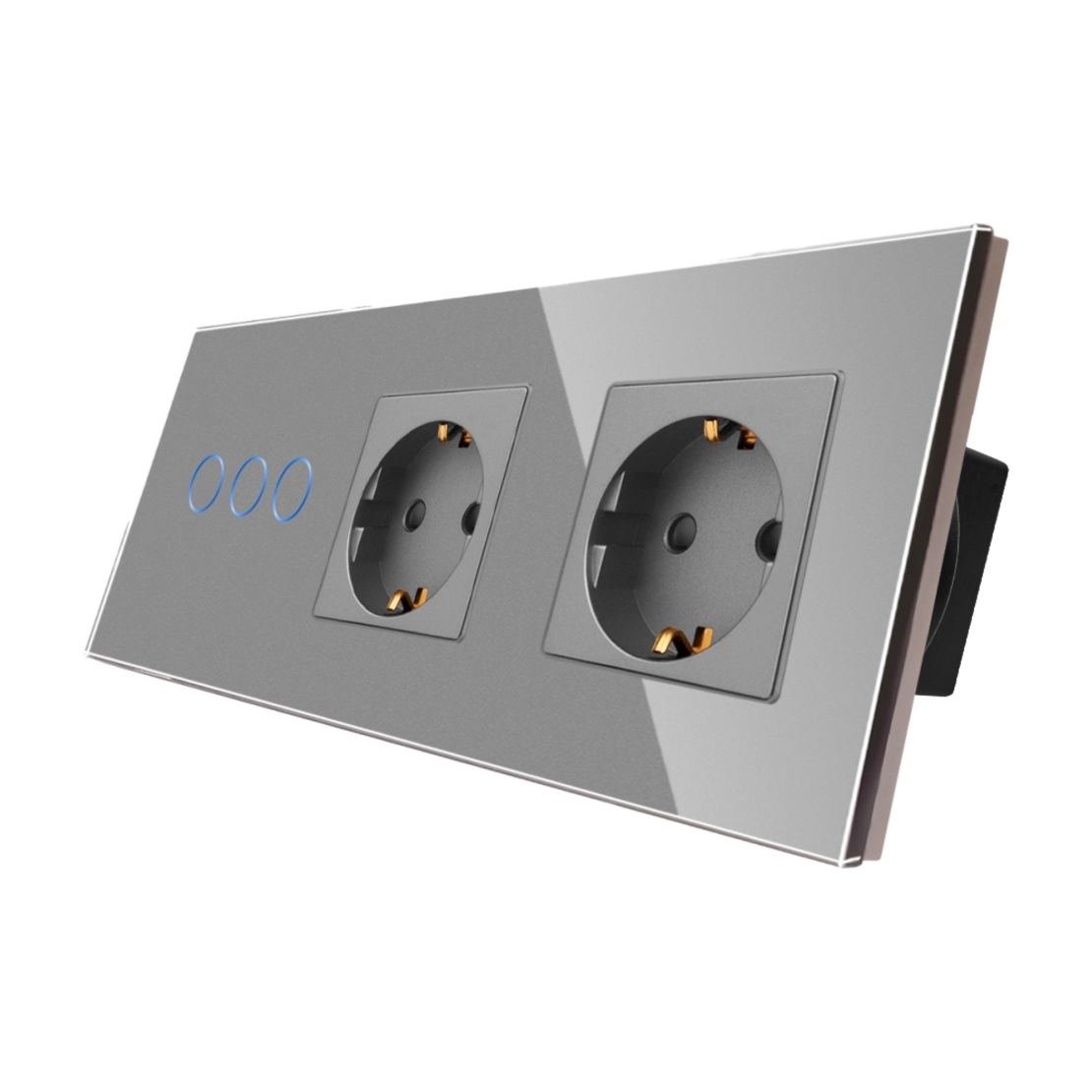 Intrerupator Triplu + 2 Prize cu Rama din Sticla LUXION, gri