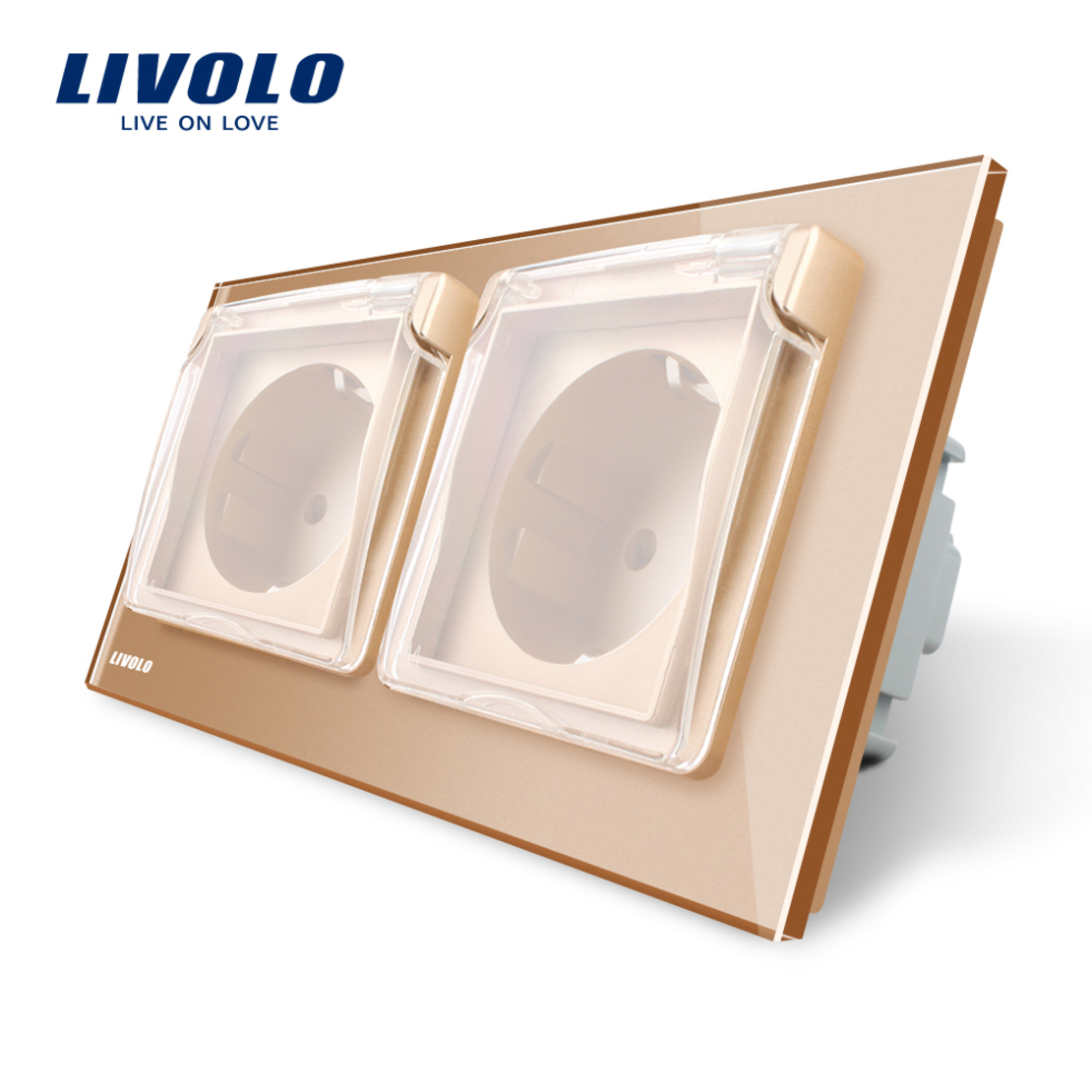 Priza dubla Livolo cu rama din sticla si capac de protectie rezistent la apa, auriu